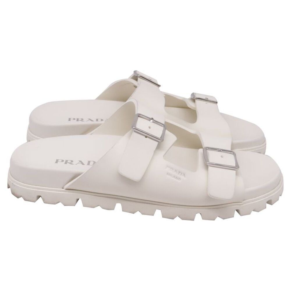 Prada Double-Buckled Strap Slide Sandals in White Rubber